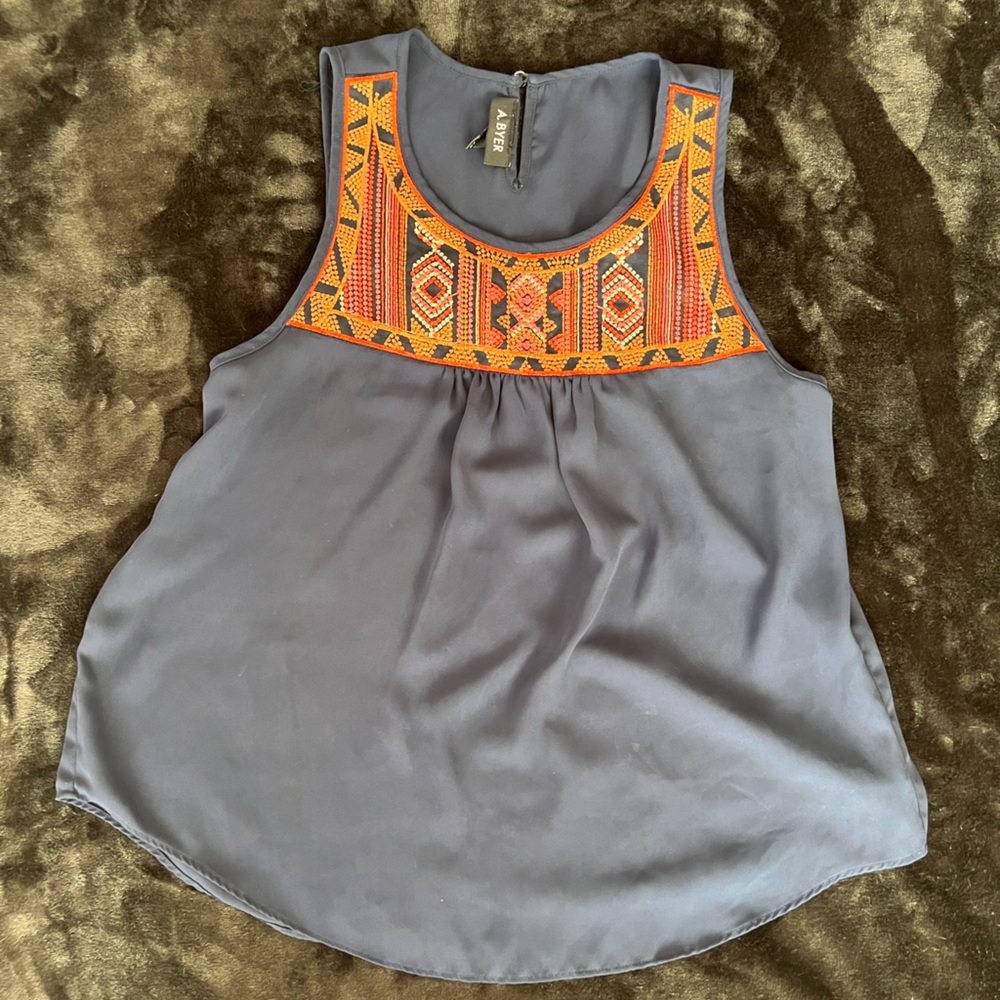 A. BYER Navy Blue Orange Embroidered TankTop